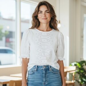 GAP White Eyelet Lace Blouse Size L 100% Cotton